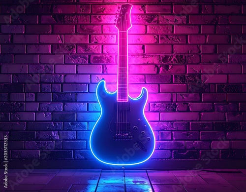 Glowing Electric Guitar Standing Against Brick Wall in Neon Lit Room