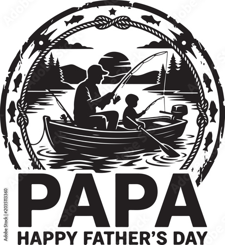 Father's Day, fishing, vector, illustration, Papa, Happy Father's Day, black and white