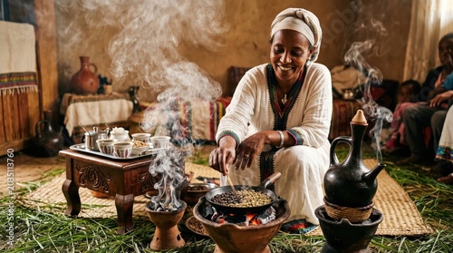 Traditional ethiopian coffee ceremony with woman roasting beans in rustic setting