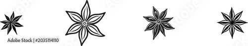 A minimalist botanical silhouette of a star anise seed spice, rendered in solid black against a clean white background with sharp edges and high contrast for automatic vector tracing