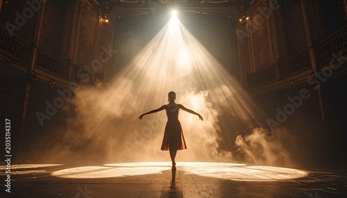 The Final Spotlight. Emotional dancer performing alone on a dim theater stage under a cinematic beam of light.