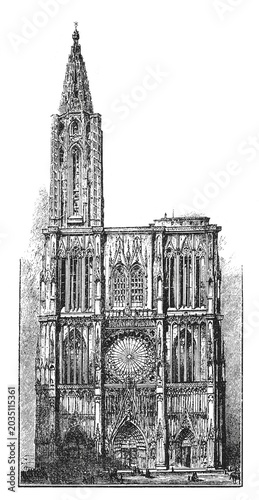 Fotografi Strasbourg Cathedral facade engraving, gothic architecture with tall spire and ornate rose window, old vintage illustration, 1898