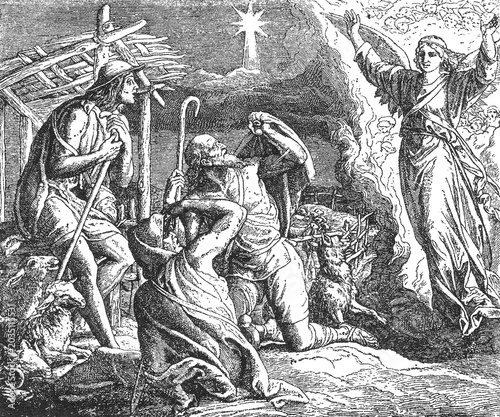 Fotografie Annunciation to the Shepherds, angel appearing under starry sky, celestial light, rustic animals, old vintage illustration, 1899