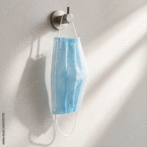 Blue Surgical Face Mask Hanging on Minimal White Wall with Soft Sunlight Shadow