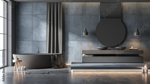Gray and concrete bathroom interior with a concrete floor, a bathtub, a double sink on a vanity unit and a large mirror. 3d rendering mock up
