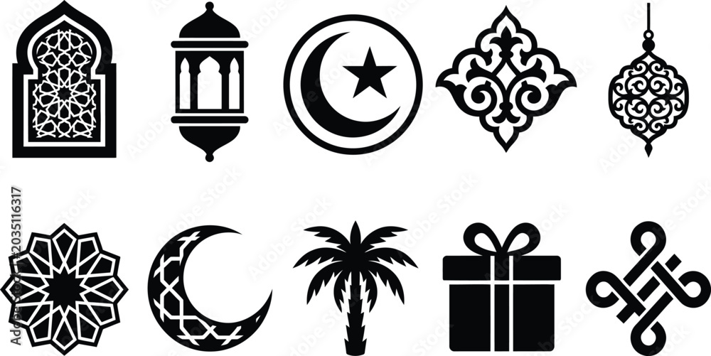 Fototapeta premium Arabesque pattern and mosque window silhouettes with palm tree and crescent moon icons set.