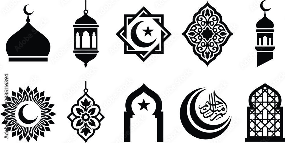 Naklejka premium Religious architecture and calligraphic moon symbols for islamic festival greeting designs.