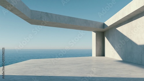 Empty concrete floor and gray wall. 3d rendering of sea view plaza with clear sky background.
