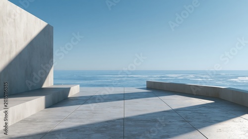 Empty concrete floor and gray wall. 3d rendering of sea view plaza with clear sky background.