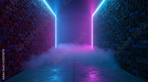 Neon Retro Brick Walls Club Mist Dark Foggy Empty Hallway Corridor Room Garage Studio Dance Glowing Blue Purple Spot Lights Concrete Floor 3D Rendering Illustration