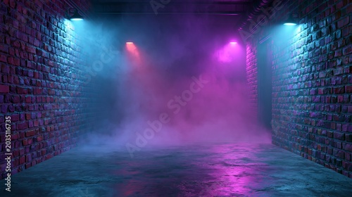 Neon Retro Brick Walls Club Mist Dark Foggy Empty Hallway Corridor Room Garage Studio Dance Glowing Blue Purple Spot Lights Concrete Floor 3D Rendering Illustration
