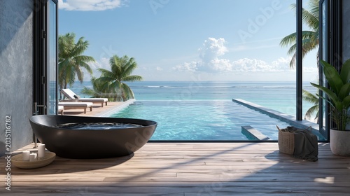Black bathtub on wooden floor terrace of infinity pool in modern beach house or luxury villa. Elegance home interior 3d rendering with sky and sea view.