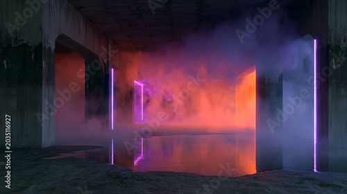 Smoke Fog Sci Fi Fluorescent Vibrant Neon Glowing Purple Orange Pink Lights In Huge Dark Cement Concrete  Grunge Underground  Garage Reflections Alien Spaceship Future Arch 3D Rendering Illustration