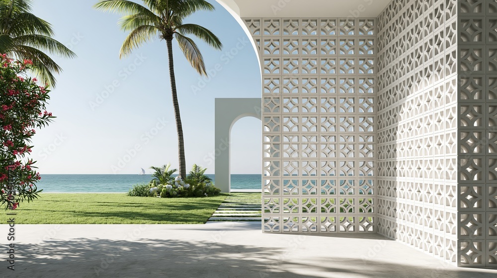 Fototapeta premium Concrete floor terrace and white ventilation block wall in luxury hotel or beach house. 3d rendering of arch gate near green grass lawn with sea view.