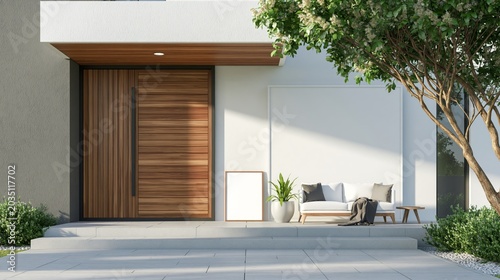 New house with wooden door and empty white wall. 3d rendering of blank sign on patio in modern home.
