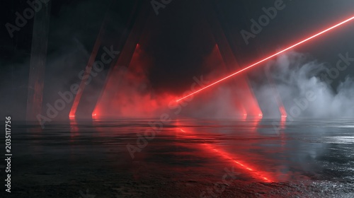 Smoke Futuristic Neon Lights Laser Red Glowing Modern Retro Sci Fi Elegant Spaceship Club Night Dark Garage Underground Grunge Concrete Reflections Abstract Beams 3D Rendering Illustration