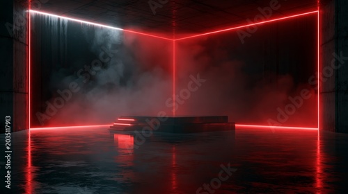 Sci Fi Futuristic Smoke Fog Neon Laser Garage Room Red Electric Cyber Undergound Warehouse Concrete Reflective Studio Podium Club 3D Rendering illustration