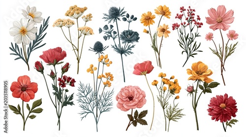 Vintage Wild flowers bouquets collection. Herbarium plants,Herbs and flowers,blooming flowers Hand drawing. Dried flowers detailed botanical set of elements, stickers,collage, print, web design.Vector