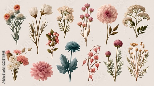 Vintage Wild flowers bouquets collection. Herbarium plants,Herbs and flowers,blooming flowers Hand drawing. Dried flowers detailed botanical set of elements, stickers,collage, print, web design.Vector
