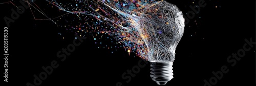 Tableau sur toile Light bulb wireframe exploding with vibrant colorful particles and digital data