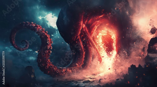 A colossal octopus emerging from a fiery portal in a dramatic, cosmic landscape.