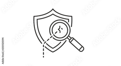 Shield icon with magnifying glass, security inspection and protection analysis concept