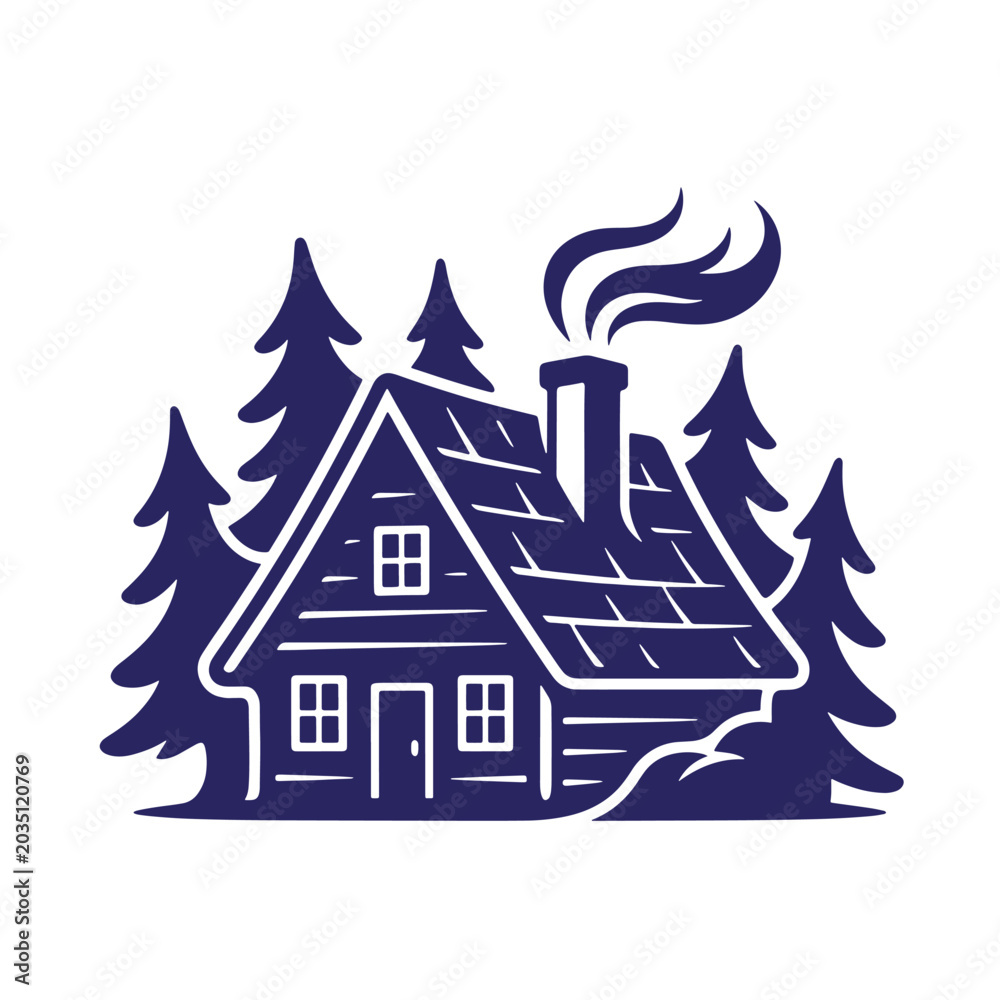 Obraz premium Detailed wooden cabin with smoking chimney and among evergreen pine trees vector illustration dwelling woodland evergreen outdoors mountain landscape building