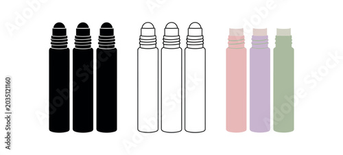 Roller bottle icon set. roll-on vial, perfume roller, essential oil applicator, travel bottle, cosmetic dispenser. line, flat and colored vector icon set.
