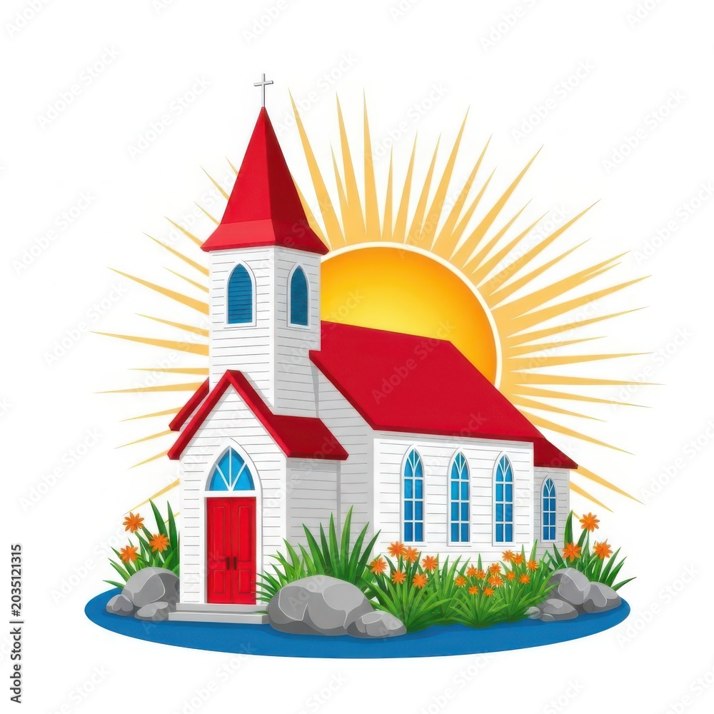 Fototapeta premium Charming church with glowing sunset rays