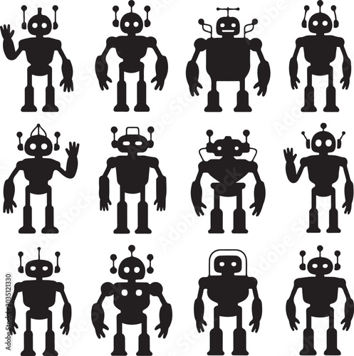 Tableau sur toile Robots and droids silhouettes, black vector cyborgs
