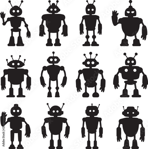 Foto Robots and droids silhouettes, black vector cyborgs