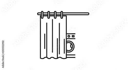 Laundry room curtain icon, vector illustration of a washing machine hidden behind a curtain