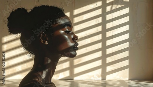 Serene Young Black Woman in Side Profile with Closed Eyes by Sunlit Window Blinds