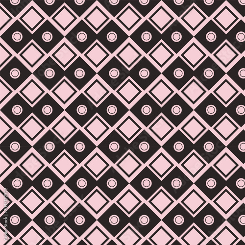 Abstract geometric seamless pattern with pink diamond shapes and circles on dark background