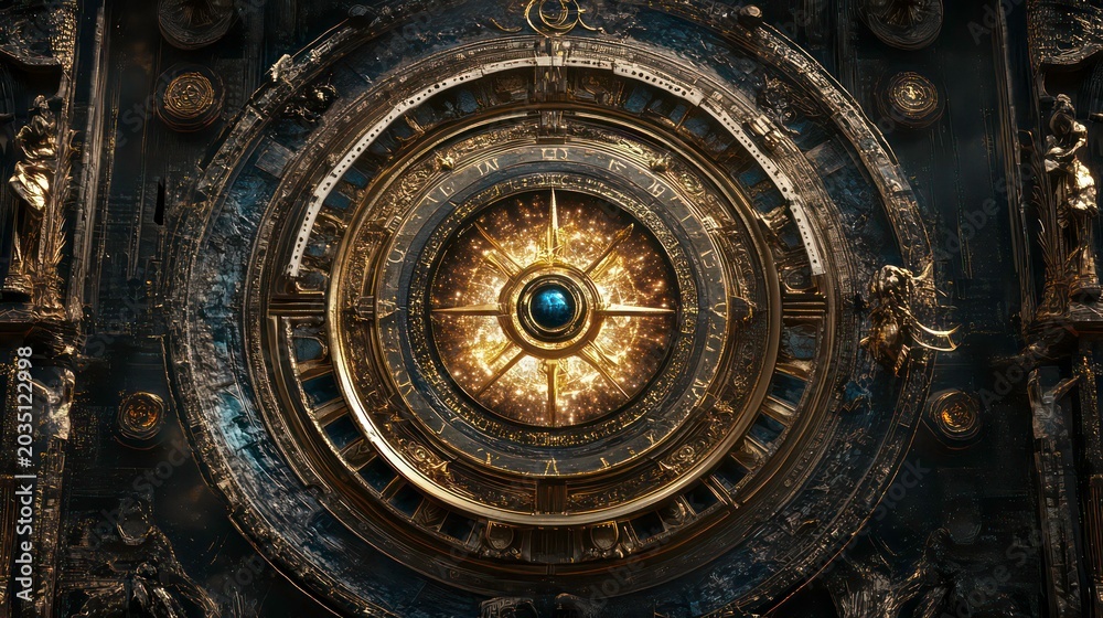 Obraz premium A detailed, ornate clock face with celestial motifs and intricate designs.