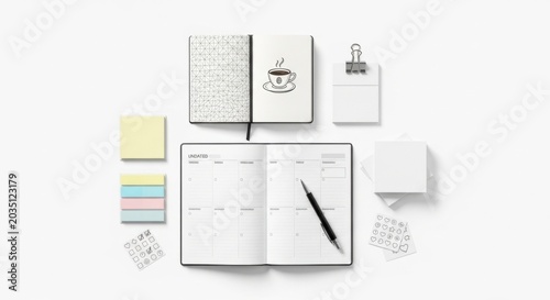 Minimalist Planner Notebook With Stationery and Coffee Cup Illustration on White Background Top View