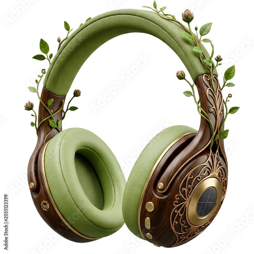 Creative design of headphones with green accents and floral details on a wood finish displayed on a transparent background