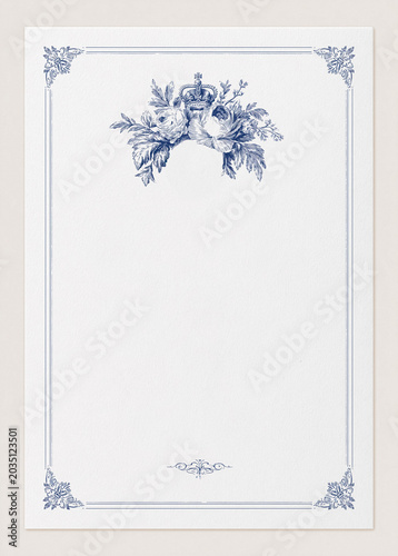 Elegant vintage blue floral crown with roses and an ornamental frame on a white textured paper, providing a royal design template