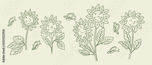 Hand-drawn illustration of sunflowers with butterflies, featuring multiple blooms and leaves on a light background, ideal for floral designs and nature themes