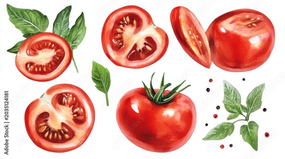 Naklejka premium Vibrant Watercolor Tomatoes: Juicy Slices, Whole Fruit, Basil, and Peppercorns
