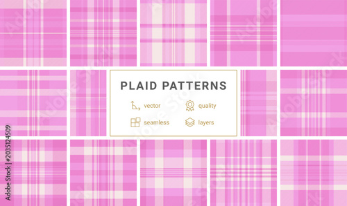 Discover a vibrant pink seamless plaid pattern. This classic tartan design offers a feminine, preppy aesthetic perfect for trendy apparel, luxury gift wrap, and modern graphic backgrounds.