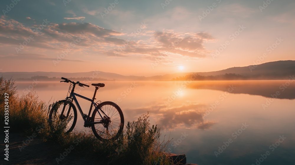 Fototapeta premium Bicycle stands beside a tranquil lake during sunrise, enveloped in soft mist and warm light, creating a peaceful outdoor setting for recreation