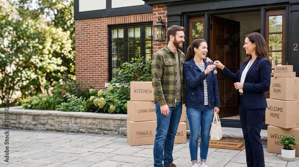 Fototapeta premium Couple receiving house keys from real estate agent outside their new home with moving boxes