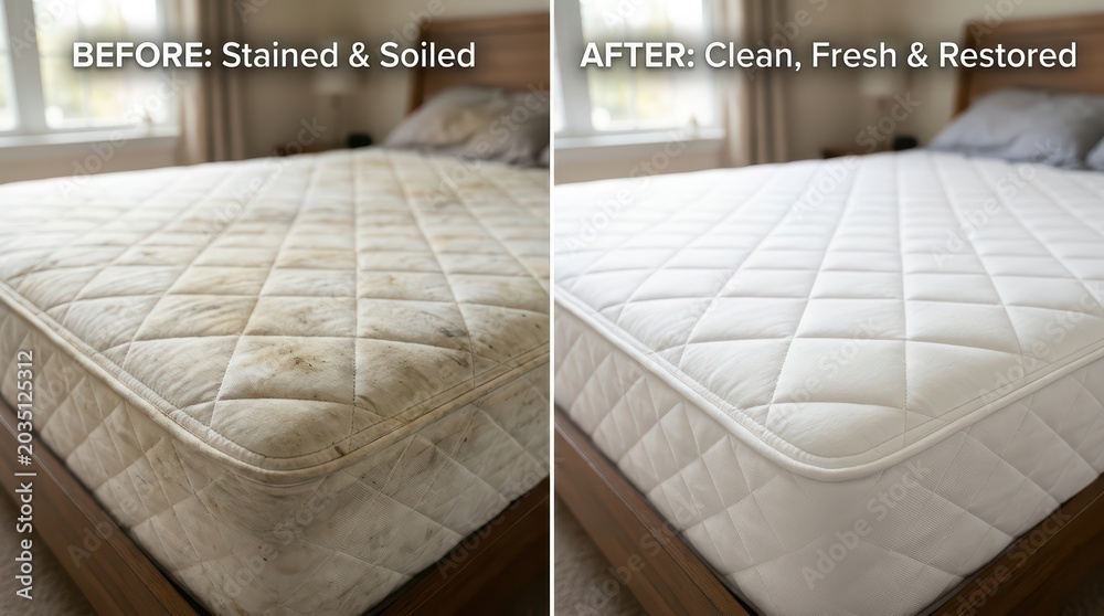 Naklejka premium Mattress showing before stained and soiled condition and after clean restored condition on bed frame in bedroom setting