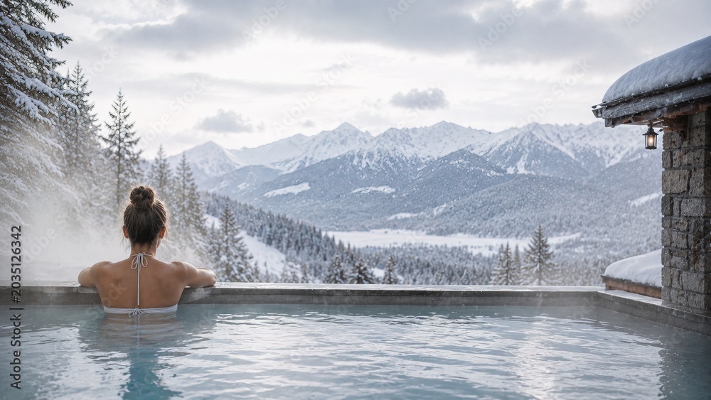 Fototapeta premium Serene Winter Retreat: Woman Relaxing in a Hot Tub with Mountain View