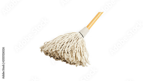 Classic cotton string mop head with wooden handle for professional floor cleaning maintenance tool on transparent background