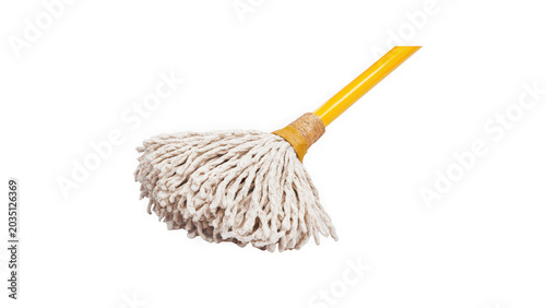 Classic cotton string floor mop with sturdy yellow handle for commercial and residential cleaning tasks on transparent background