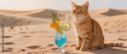 An orange sitting close to the blue hawaii cocktail on the sand , desert landscape is background.