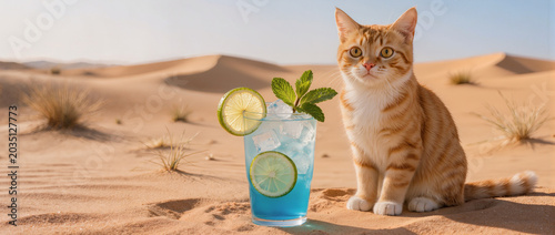 A  blue hawaii cocktail in the big glass static close to an orange cat in the desert landscape.
