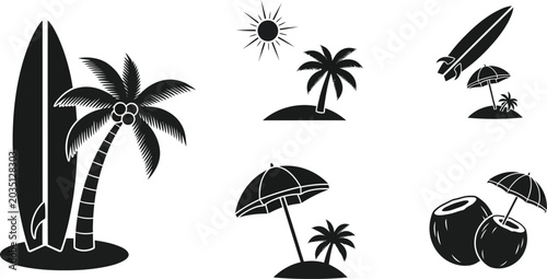 Black and white of tropical beach including surfboards palm trees sun and coconuts vacation summer